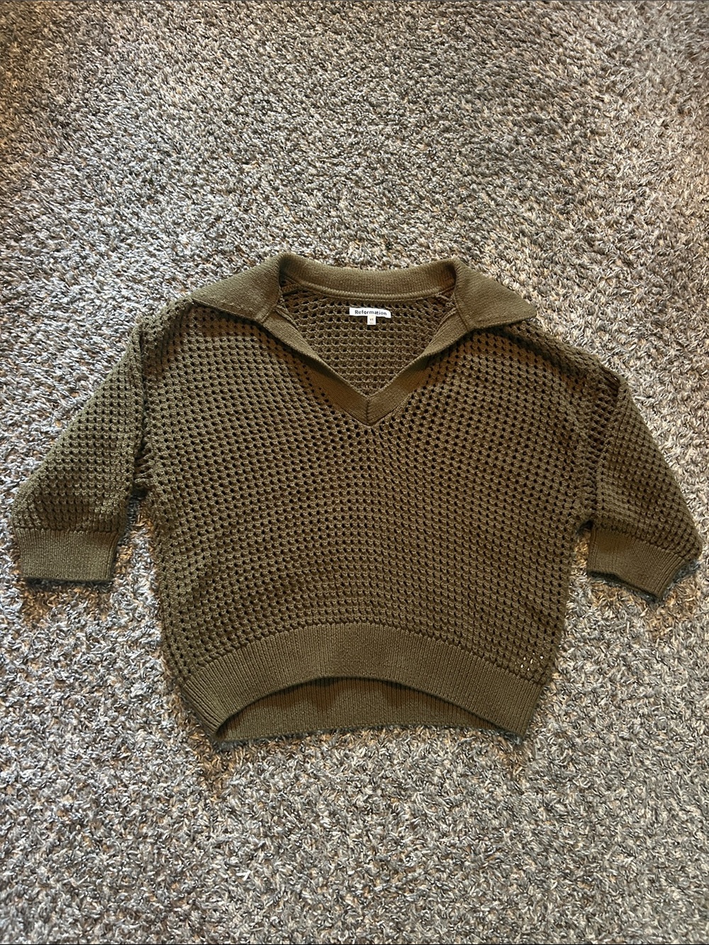 Reformation Olive Green Knit Collared Short Sleeve Top XS